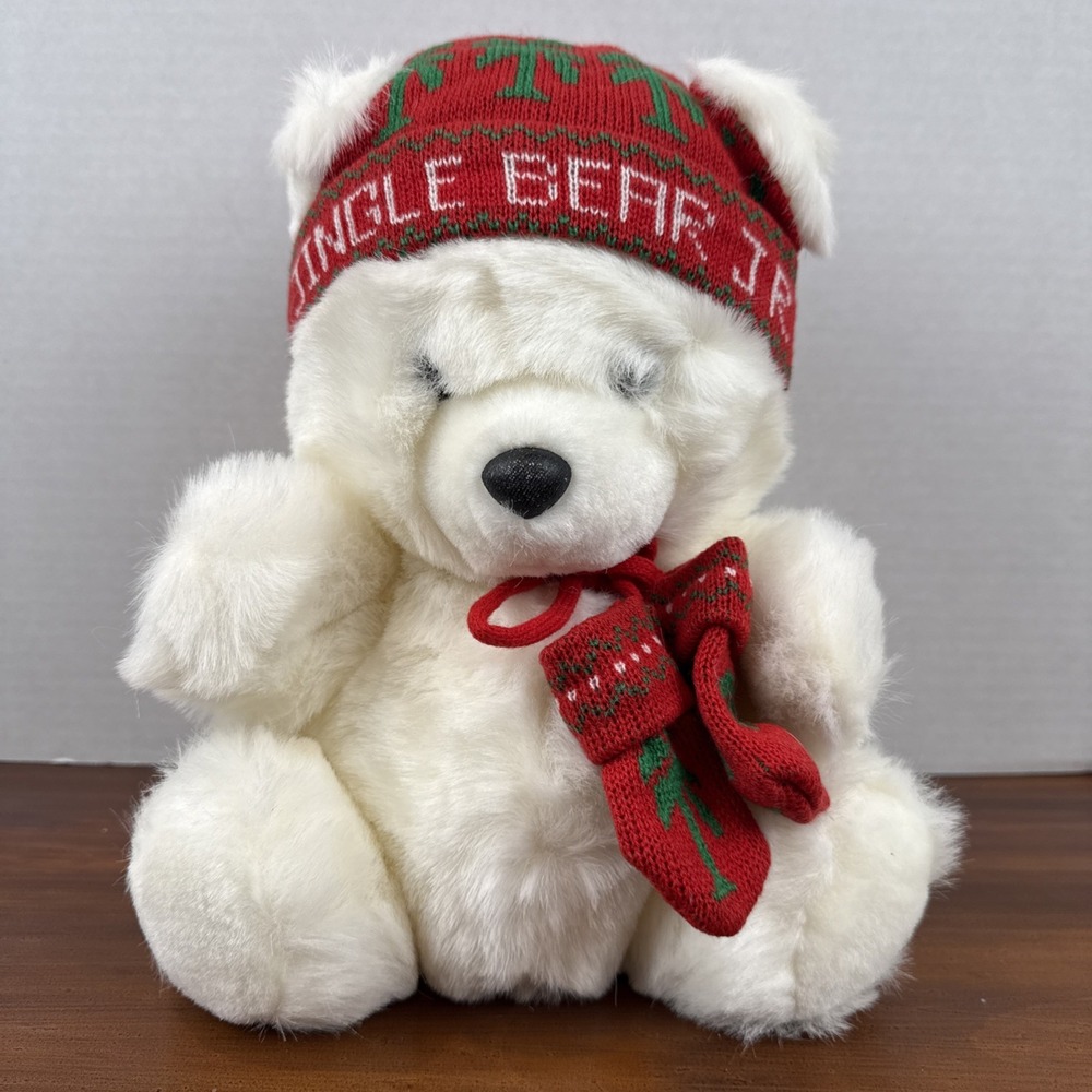 Jingle Bear‎ Vintage 1980's Weinstocks Plush White Teddy Bear With Hat & Mittens